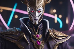 Jhin in 8k live action artstyle, white jhin mask, normal eyes, wapen, close picture, neon lights, intricate details, highly detailed, high details, detailed portrait, masterpiece,ultra detailed, ultra quality