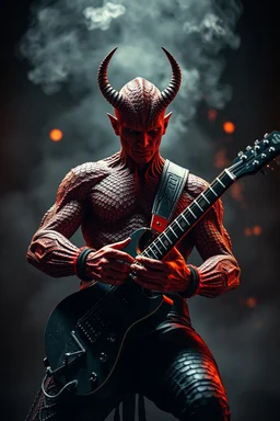 A rock star playing the guitar, looking at you ,red skin, scales, unreal engine 6, high detail, intricate, cinematic. photoshoot style, intricate, studio lighting, masterpiece , highly detailed, 8k, best quality, fire, smoke, dramatic,d,<lora:mshn:0.7>,<lyco:Warrior_Couture:0.5>,