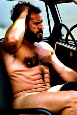 full body shot photography of an Italian sicilian taxi driver burly ugly sitting in the taxi, chubby tired 55 years old driving shirtless, bullneck, thin gold chains, short beard, sweat, short hair, bulge, robust, manly chest, looking down, big shoulders,, photorealistic, side light, ambient occlusion, tired eyes. 35mm lens, internal view inside the Taxi