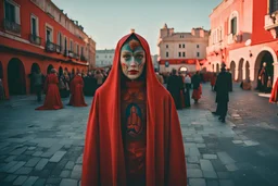 Peter McKinnon-Alex Strohl close-up weird Croatia Split plaza with weird humanoids dressed as Guadalupe in red lingering around in 1950 by Richard Billingham, Fujichrome provia 100F, unicorncore, whimsical, weird, odd gloomy sunset, animals and people, weirdcore , stunning details, 8k, style raw style raw, neon pop '80s oil paint-style raw, Mario Bava-Boris Mikhailov ,greg rutkowski