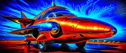 A national geographic award winning photograph of a military fighter jet station wagon wasp hybrid soviet retrofuturism designed by volkswagen only one vehicle per image painted metallic orange traveling at a high rate of speed, jet intake off of front center of vehicle and jet exhaust out the rear with bright blue flame