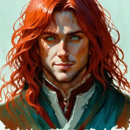 dnd, fantasy, watercolour, stylistic, portrait, illustration, dull colours, male, face, narrow long face, weathered face, green eyes, determined, happy, red hair, very long hair streaming down the shoulders, radiating light, five o'clock shadow