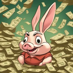 piggish cloven foot lying on stacks of money, bugs bunny playing poker