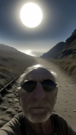 narrow stone path above the ground gradually getting higher into the clouds no railings, dangerous drop people in black leathers medievil period weather is wet spiraling into the clouds fantasy, a valley in mountains with a moon showing in the background human skuo on the sides of the trail
