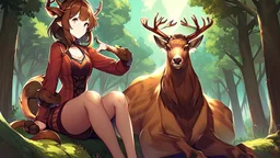 One Girl, forest, sit , deer hoof foot, brown hair,, deer face, deer tail, deer hoof hand