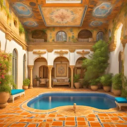 Lavish pool with a patio and a couch in the middle, beautiful colorful tilework, photo in style of paola kudacki, keys, french village exterior, fragrant plants, by Ralph Burke Tyree, epic 3 d oshun, seville, old house, is a stunning, ymmetrical, of a beautiful