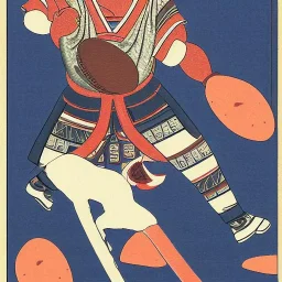 Ukiyo-e style illustration of Bighorn Ram warrior holing a football