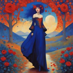 Art by Alice Rahon, Richard Burlet, Odilon Redon, Raymond Swanland, Andrey Remnev, Conrad Roset; Rebellious ravishing girl Rachel, regal in royal blue and ribuli, roaming through the radiant realm of the rainbow river valley with her ruby colored hair, meets a rare raven in a rolling hills of resplendent roses and rustling reeds, under a riotous reflective hues sky.