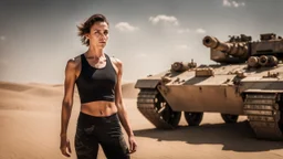 beautiful slender caucasian female technician, black tank top, well toned muscles, weathered face, scratched sand camo metal details, short brunette wavy bob haircut, dystopian, desert scene, jumping from a futuristic tank, explosions in background