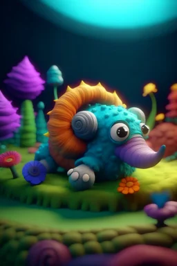 portrait cute fluffy toy wolly illithid mammoth snail in a water slide holding weird flowers in his trunk in the style of pixar, on a strange planet with weird colors and wind turbines, bokeh like f/0.8, tilt-shift lens 8k, high detail, smooth render, down-light, unreal engine, prize winning