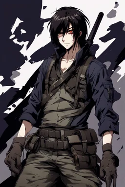 medium dark hair, war clothes, face with a cut in the eye, anime style