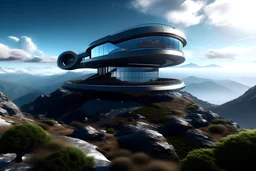 a large futuristic home with a big deck on a mountain top with a beautiful view on an alien planet