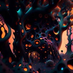 Irregular black spots, 8k, 3d render, melting horror, tridimensional figures, intricate patterns, sinister scribbles, trees, colors, shot on Hasselblad