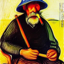 Portrait of OLd Fishermen wearing bucket hat and smoking wooden pipe by edvard munch 8k