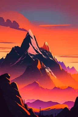 big rock mountains with and orange dawn sky with no clouds close montains anime style