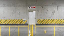 wall design for parking garage, concrete, yellow painted hazard lines, weathering and water stains, in middle is an exit doorway with small window, with a sign is above. rough painted hashmarks and parking lines, add signage found in a parking garage.