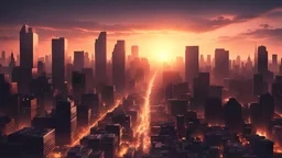 Sunset, Huge city background, city background, realistic, volumetic lighting, 4k, detailed, expressed