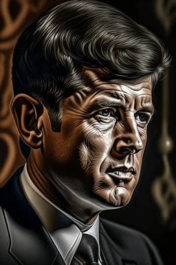 portrait of j f Kennedy , very close to his real picturepersian Ornaments ,hyper realism, realistic, highly detailed, high contrast , sharp. Rembrandt lighting.