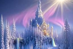  white and gold crystal castle，waterfall, winter snow flakessnow, northern Lights, full of details, smooth, bright sunshine，soft light atmosphere, light effect，vaporwave colorful, concept art, smooth, extremely sharp detail, finely tuned detail, ultra high definition, 8 k, unreal engine 5, ultra sharp focus