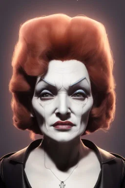 Marlene Dietrich as evil queen in black leather, leather, busty, cleavage, angry, stern look. character design by cory loftis, fenghua zhong, ryohei hase, ismail inceoglu and ruan jia. unreal engine 5, artistic lighting, highly detailed, photorealistic, fantasy