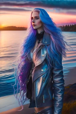 half body shot,realistic portrait of a 20-25 old caucasian model, long blue pink flowing hair, great grey eyes, blue leather jacket,full body, short white skirt,long legs,standing at beach of very nive lake with sunset ,clouds,godrayes