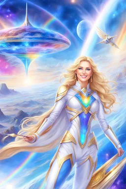 cosmic woman angels smile,admiral high commander from the future, one fine whole face, crystalline skin, expressive blue eyes,rainbow, smiling lips, very nice smile, costume rainbow pleiadian, Beautiful tall woman pleiadian Galactic commander, ship, perfect datailed golden galactic suit, high rank, long blond hair, hand whit five perfect detailed finger, amazing big blue eyes, smilling mouth, high drfinition lips, cosmic happiness, bright colors rainbow, blue, pink, gold, jewels, realist,8k