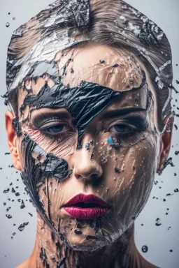 a dramatic 8k image of a person with a plastic covering the face, struggling to breath and trying to break free as it s tighly pulling over the face, chaos80