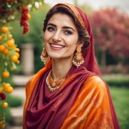 Hyper Realistic Close View of A Beautiful Happy Young Pashto Woman Smiling With Dimples Wearing Golden-Marble-Crystal-Earrings & Beautiful Maroon Dress with Orange Shawl in a beautiful garden at cloudy-day showing dramatic & cinematic ambiance.