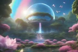 ((flying angels)) coming from space, blue and pink lights, sunny atmosphere, concept art, extremely sharp detail, futuristic crystal dome in the japonese garden on another planet, green plants, flowers, big trees blue sky, rainbow, birds, big flowers, waterfall, finely tuned detail, cinematic smooth, intricate detail, futuristic style ultra high definition, 8 k, (intricate details, masterpiece, best quality:1.4) ,