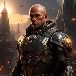 star wars bald male corellian pilot wearing pearlescent black and gunmetal grey First Order special forces heavy assault stealth commando armor and helmet with gold trim inside the jedi temple, hyperdetailed, dynamic lighting, hyperdetailed background, 8k resolution, volumetric lighting, light skin, fully symmetric details