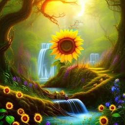  sunflower, in winding magical forest with waterfall and a creature