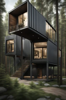 large house in the woods made from shipping containers, photorealistic