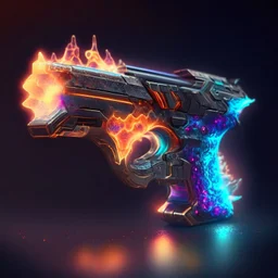 Ultra rendered profesional pating of a pistol gun loaded with magma, in the style of warcraft, holographic crystal class.