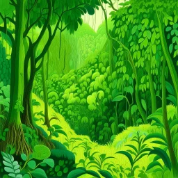 A lime green rainforest with a ravine designed in Lascaux cave paintings painted by Grant Wood