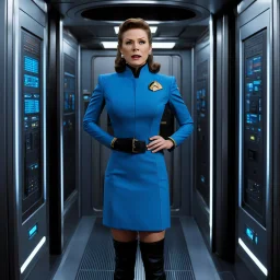 Aboard a Star Trek ship, a woman in classic short blue dress uniform stands in the elevator, knee bended. Her distress is palpable: she covers her ears with both hands and let out screams, her expressions filled with turmoil, her black boots ground her in the reality of the moment. The backdrop is made of TOS computer panels