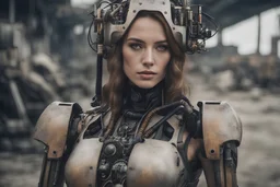 A hyper-realistic, A robotic woman with a hybrid of human and machine components, posed in a post-apocalyptic wasteland.., Photo Real, 64k