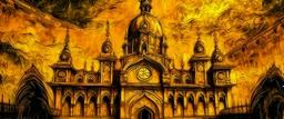 A dark golden yellow temple with psychic clocks painted by Vincent van Gogh