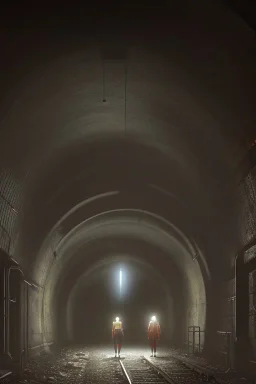 Two women with flashlights exploring a dark old subway tunnel