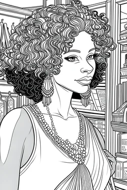 closeup Black & White coloring page beautiful Black woman white skin afro curly hair headband, flowy sundress getting ready to go out stylish dressing room, vanity table, clothing rack of stylish outfits. Art deco style, ultra detailed, inspired by Jamie mckelvie comic art, by jen bartel, Poster, 2D vector illustration, Vector art clean coloring book page, coloring book illustration, CLEAN LINE ART, FINE LINE ART, only draw outlines