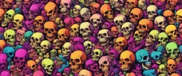 a field of 1000s of cartoonish, anatomically correct, skulls, vivid RANDOM BRIGHT neon colors, dark comedy, well lit, high detail, photorealistic, horrorcore, fun, scary, dead, 100