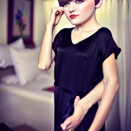 Russian short hair beautiful tomboy boyish boylike short man's haircut boyish features shortcut in black girlish nightgown in hotel