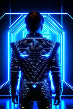 cyberpunk, neon blue, triangle of light floating behind the back, cyber suit, geometric patterns on a suit, male