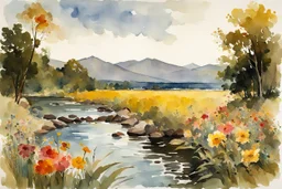 Sunny day, flowers, mountains, river, epic, winslow homer watercolor paintings