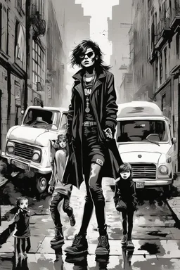 Design a detective book cover for teenagers. A teenage punk girl in the centre, one boy on her left, and one on her right are on the town street. Black cat. Banksy style, pop art style, mysterious atmosphere, white van in the background