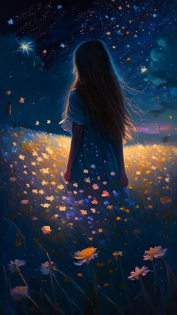 girl standing from behind, night, stars, beautiful painting, field, beautiful girl, dream, summer, shining stars, beautiful flowers, 8k