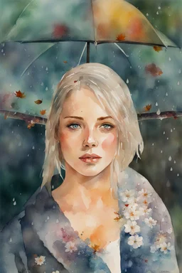 watercolor portrait of a woman, rain, flowers, umbrella, autumn, paint blots