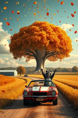 a nuclear explosion mushroom cloud that looks like a autumn tree full of leaves, leaves falling everywhere. bottom 2/3 is a curved dirt road through a wheat field, a wind is blowing away from the tree. a commercial building is in the field on the left, large at bottom on the road is a 1971 Camaro convertible with 2 oversized animated racoons inside with hands up in celebration, poster