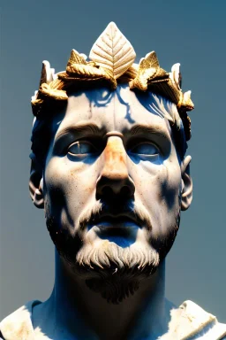 Ultra Realistic image, Roman sculpture, white marble material, Lionel Messi, gold Laurel leaves wreath, god crown, one gold star in heart, sun ornament, sun rays background, chisel style, waist up portrait, emperor style, epic, cinematic lighting, God light, 4k resolution, smooth details, ornate details, soft lighting, unreal engine 5, art station, substance 3d.