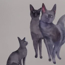 Pintura en acuarela de un gato gris y un perro negro