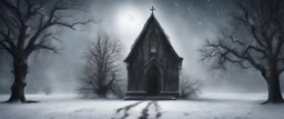 Hyper Realistic Haunted Chapel between a Field & dry old tree at heavy snowfall night with a headless man